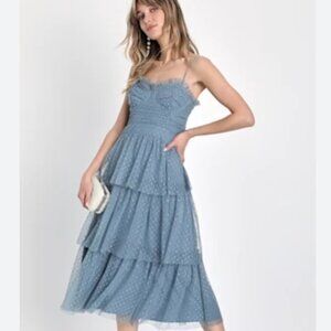 Lulu's Slate Blue Polka Dot Tiered Midi Dress